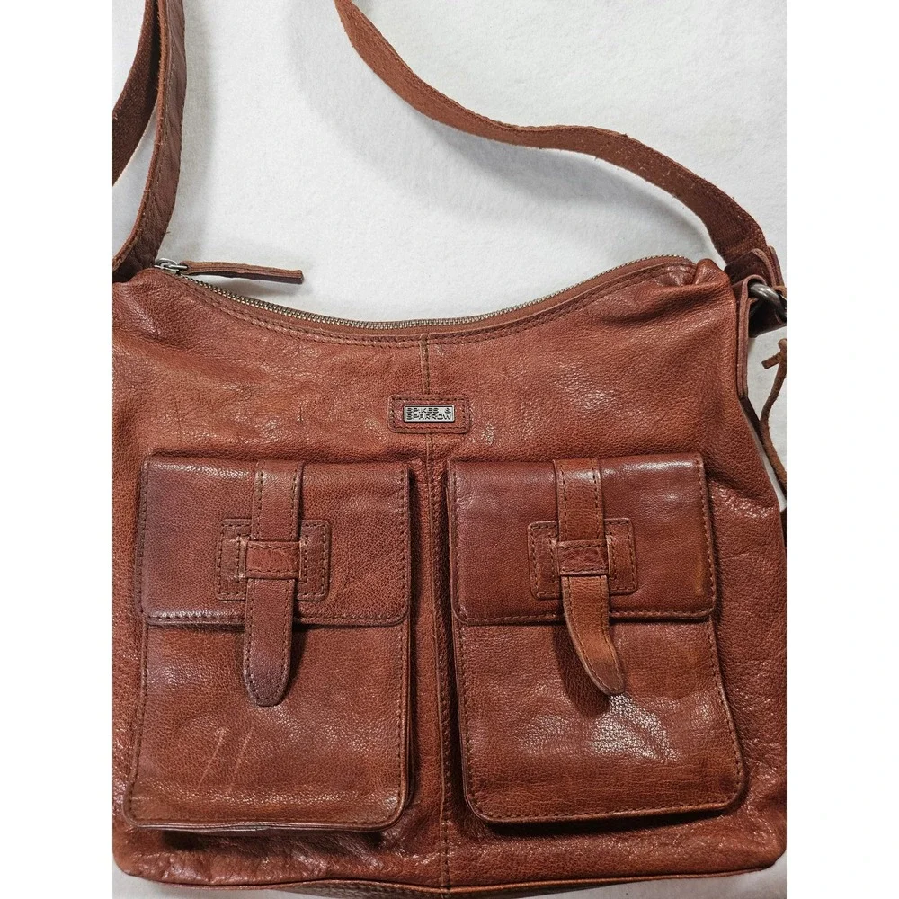 Spikes & Sparrow Cognac Brown Leather Crossbody Bag  Messenger Cargo Pockets